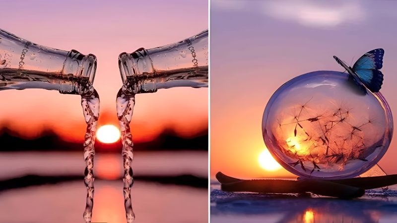 Sunlight’s Prismatic Dance: The Enchanting Beauty of Glass Bottles Illuminating the Sea