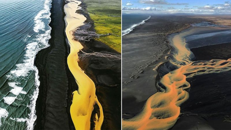 The Majestic Confluence: Exploring Iceland’s Breathtaking Meeting Point of Green Fields, Yellow River, Black Beach, and Blue Sea