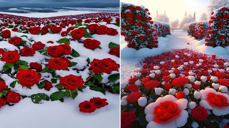 In the heart of winter’s icy embrace, a mesmerizing phenomenon unfolds – roses, delicate and vibrant, burst forth in an unexpected display of resilience and beauty.