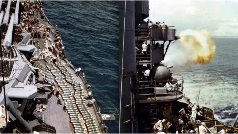 USS New Mexico Prepares for Guam Invasion: 14-Inch Projectiles on Deck, July 1944