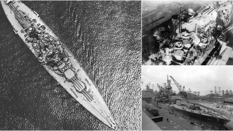 USS Tennessee (BB-43) Entering San Pedro Harbor in June 1942: Aerial View Showcasing New Quadruple 1.1″/75 Caliber AA Mounts